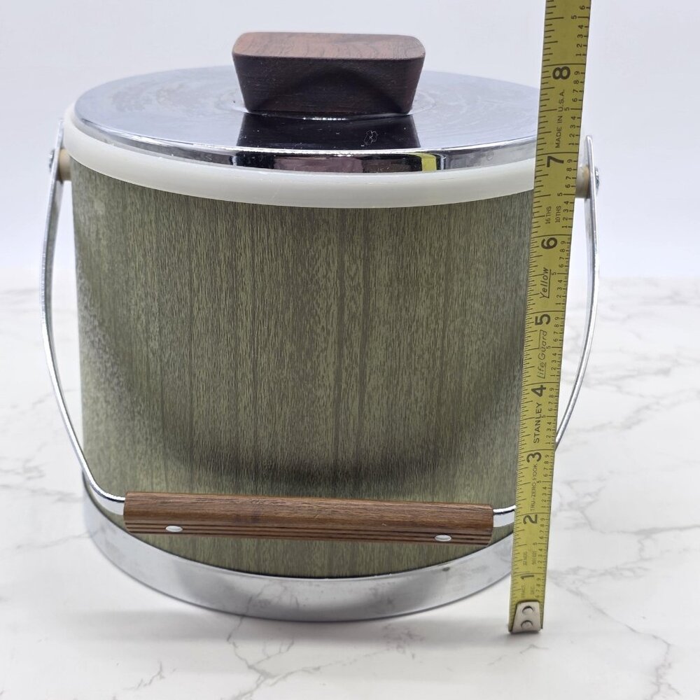 Vintage Kromex Ice Bucket Green Woodgrain Chrome Lid Mid Century Barware USA - Picture 10 of 11